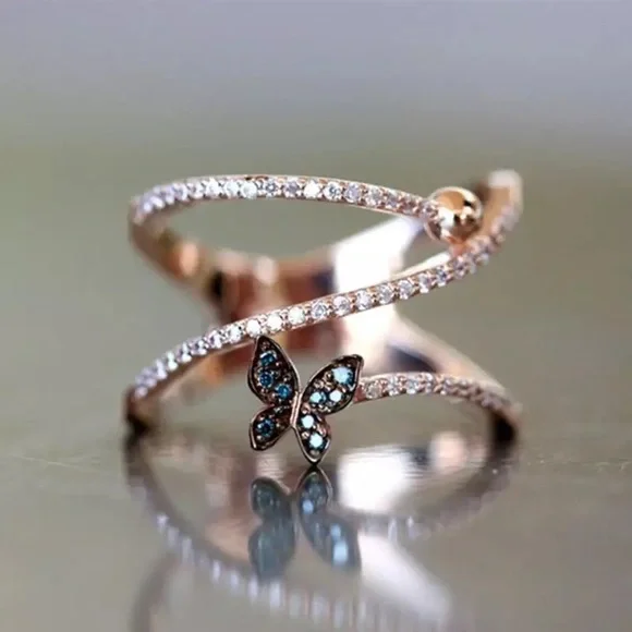 New Women’s Rose Gold Plated Butterfly Sapphire Ring - Picture 1 of 6